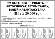 Вакансії: автомеханік,  автослюсар,   водій навантажувача